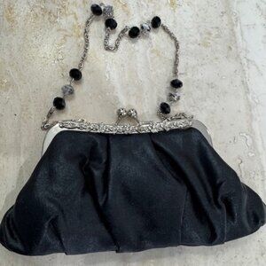 Metallic black small evening bag, with handmade chain and swarovski stone belt